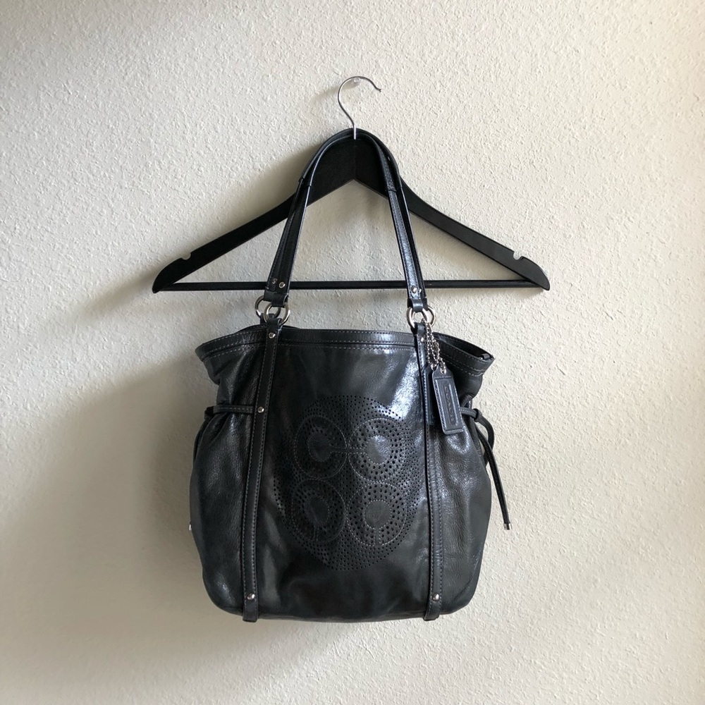 Coach Black Leather Perforated Tote Shoulder Bag